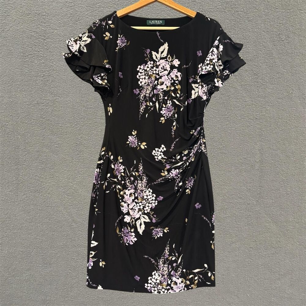 polo ralph lauren black midi dress with purple flowers